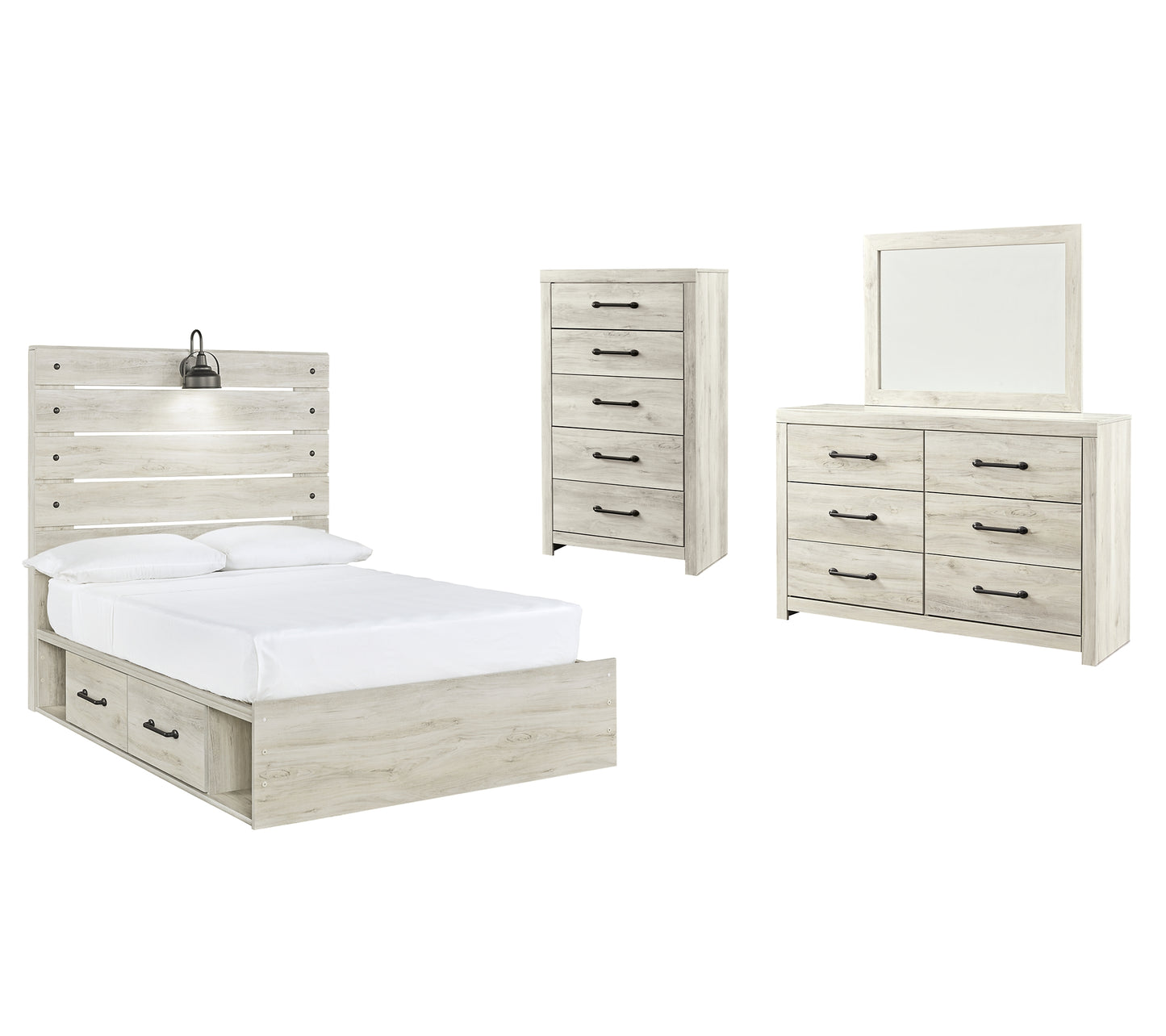 Cambeck Panel Bed With 2 Storage Drawers With Mirrored Dresser And Chest