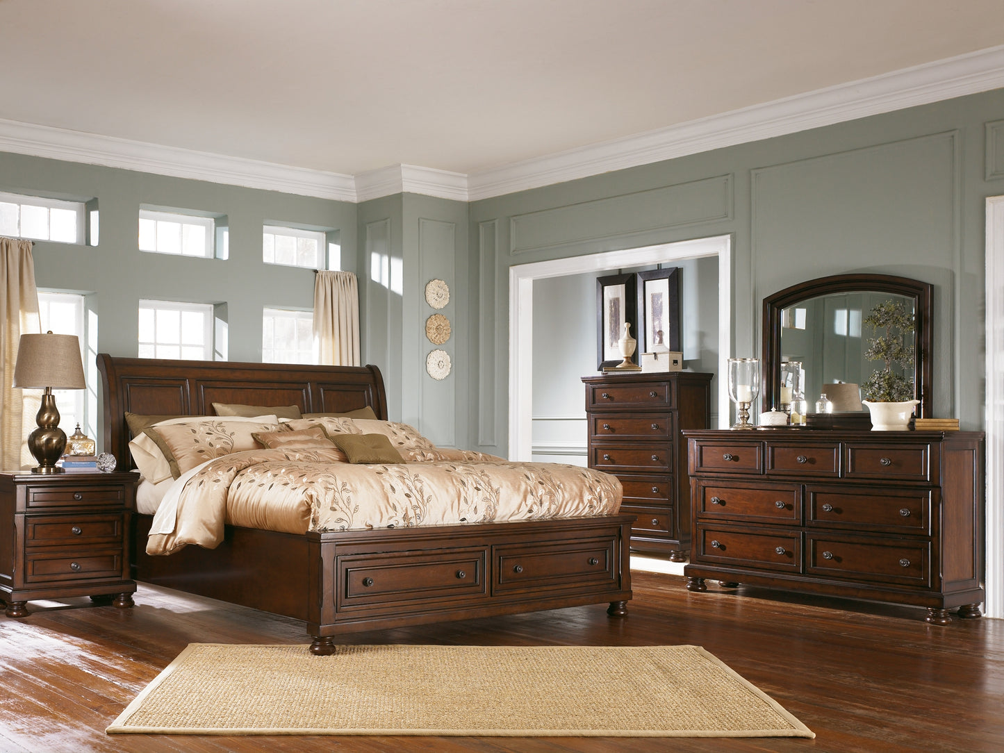 Porter Sleigh Bed With Mirrored Dresser And 2 Nightstands