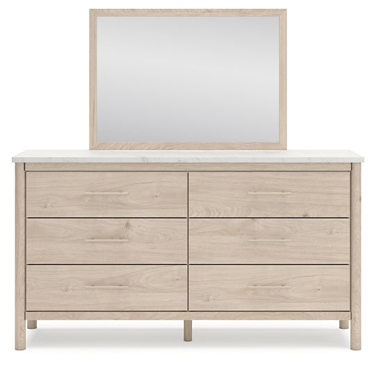 Cadmori Queen Upholstered Panel Bed with Mirrored Dresser, Chest and 2 Nightstands