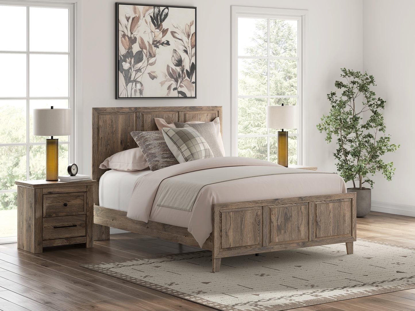 Rusticott Queen Panel Bed with Mirrored Dresser