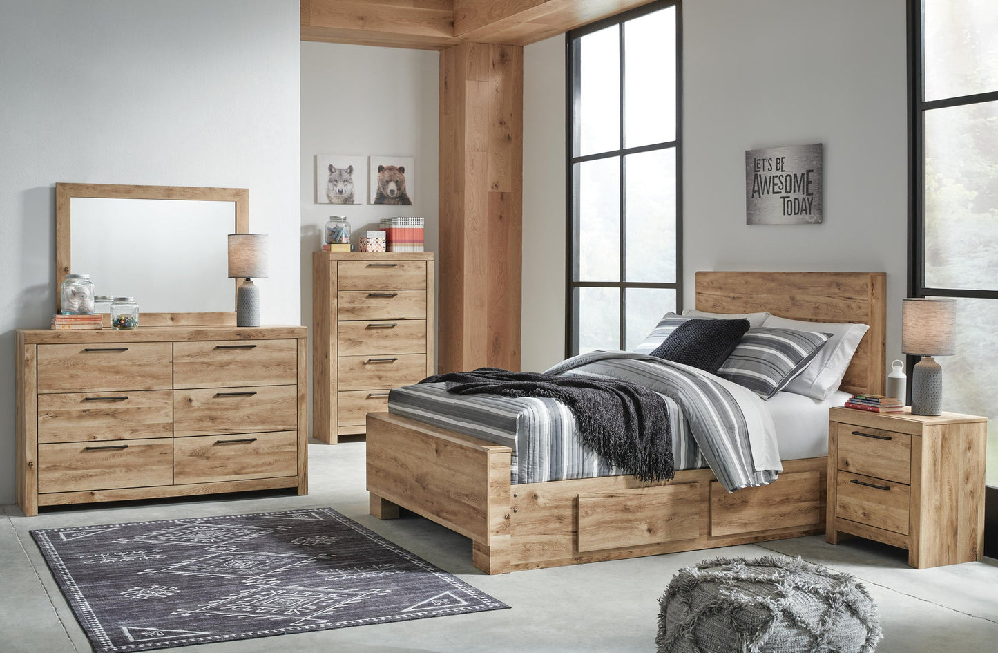 Hyanna Full Panel Bed with 1 Side Storage, Dresser, Mirror and Nightstand