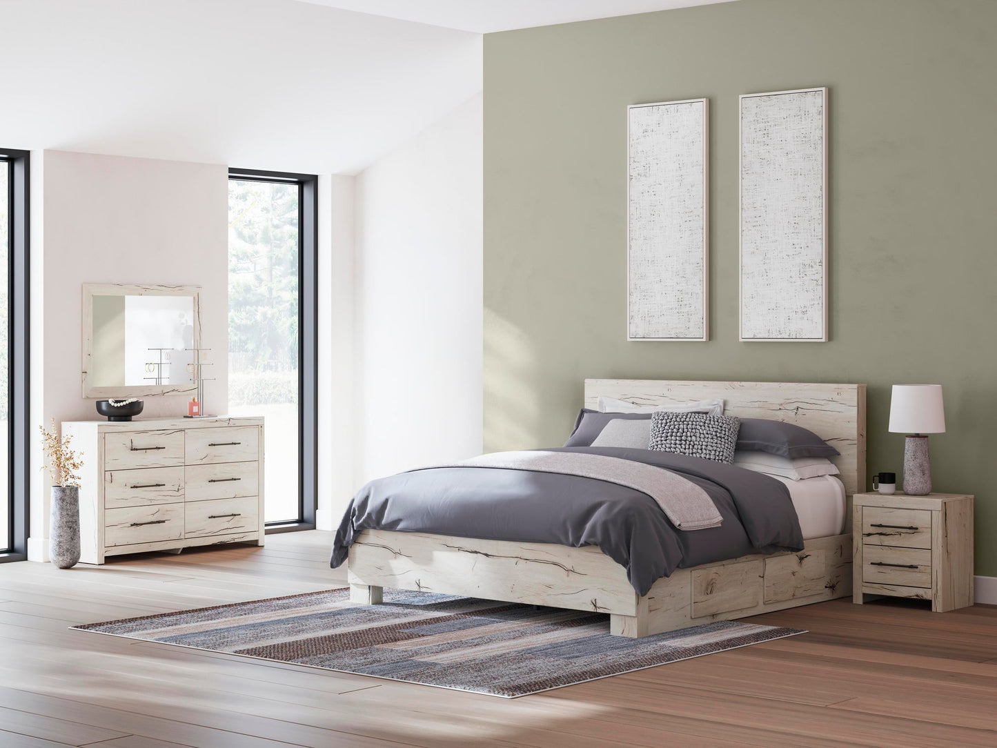 Lawroy King Panel Bed with Storage, Dresser, Mirror and Nightstand