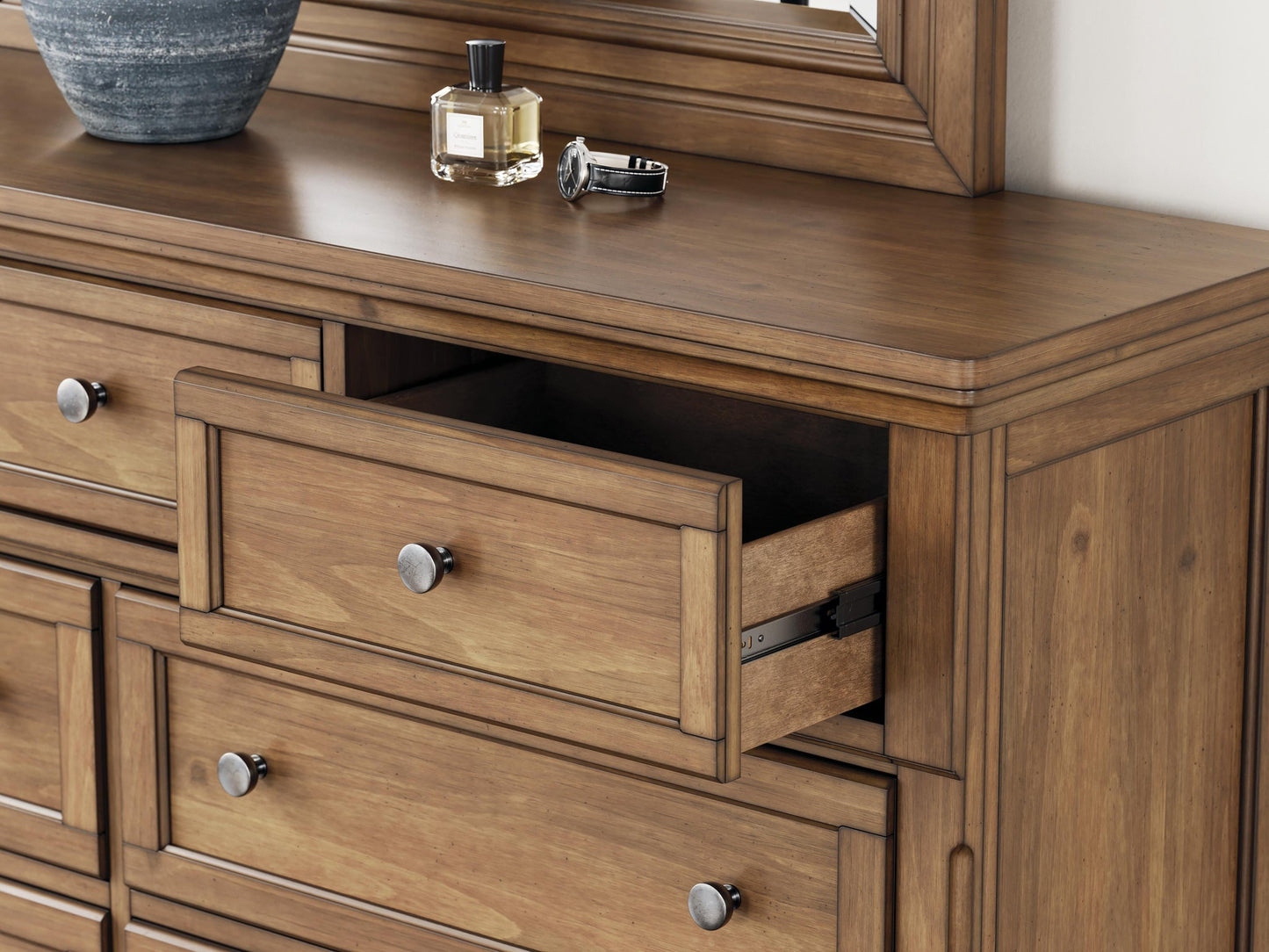Vandenmore King Storage Sleigh Bed with Mirrored Dresser, Chest and Nightstand