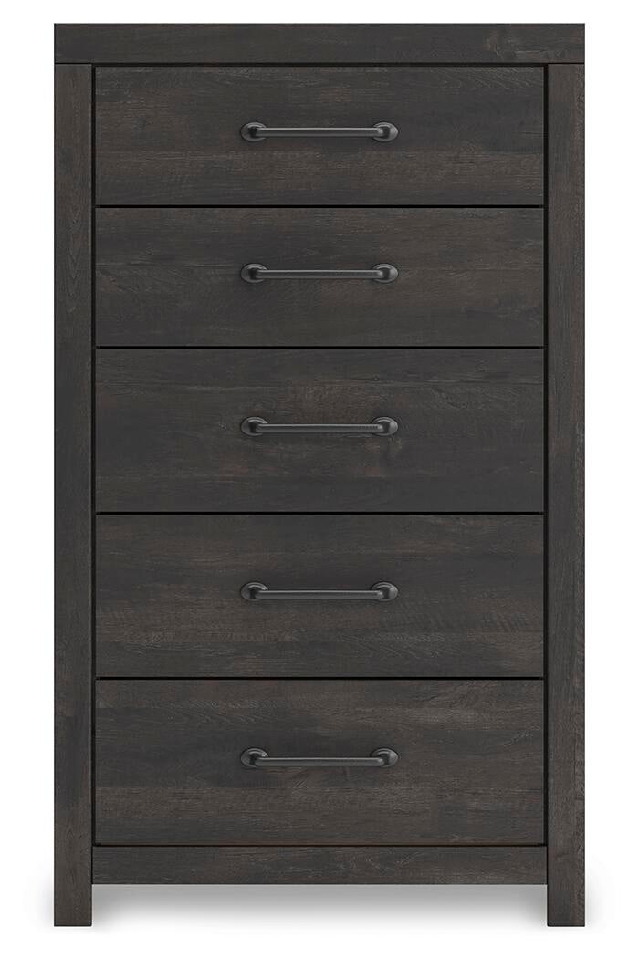 Delmorta Full Panel Bed, Dresser, Mirror, Chest and Nightstand