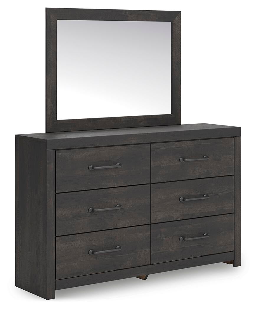 Delmorta Full Panel Bed with Storage, Dresser, Mirror and Nightstand