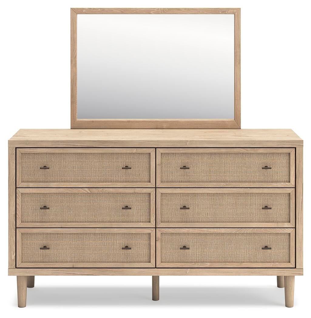 Cielden King Upholstered Bed with Roll Slats, Dresser and Mirror