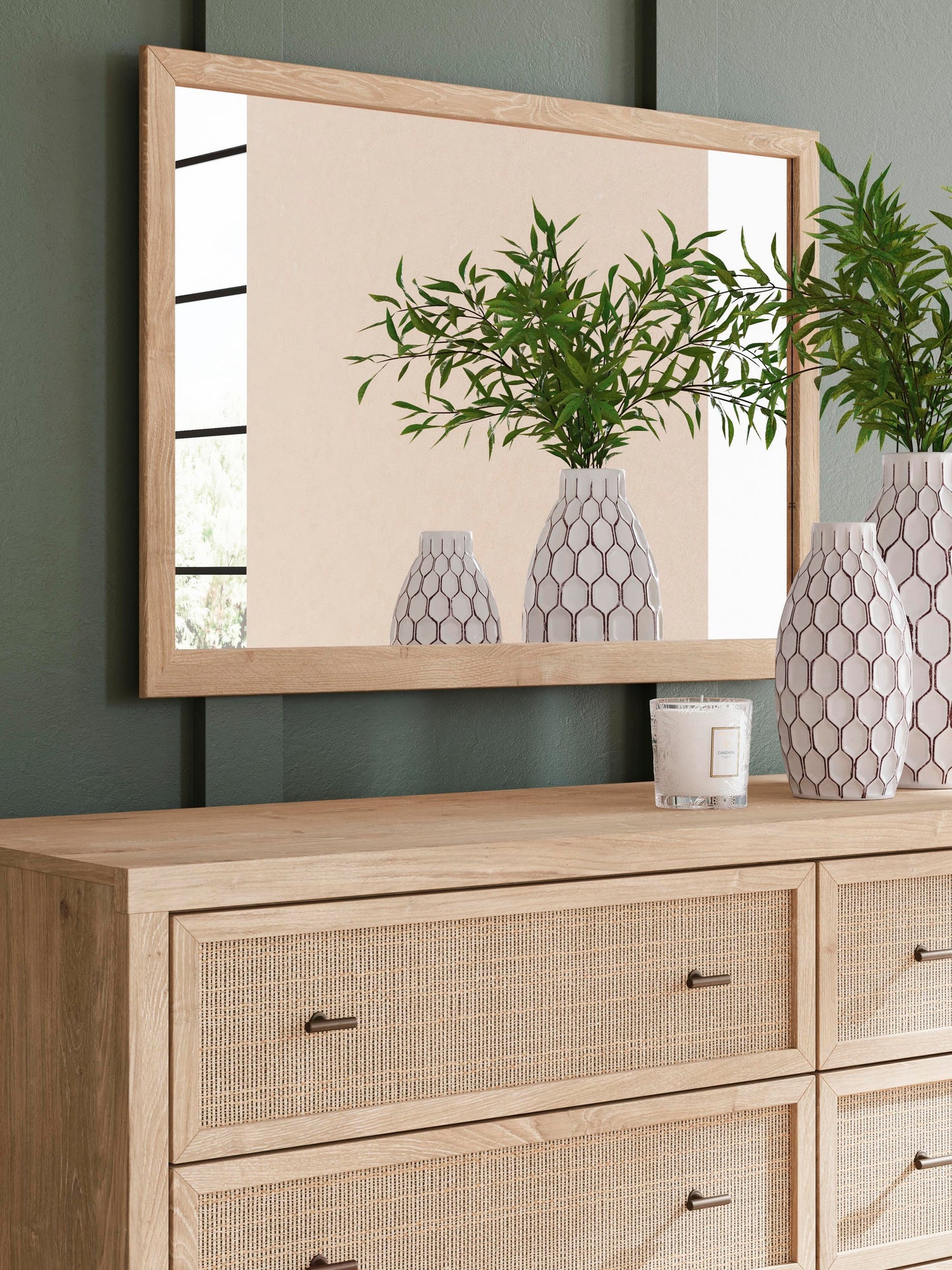 Cielden King Upholstered Bed with Roll Slats, Dresser and Mirror