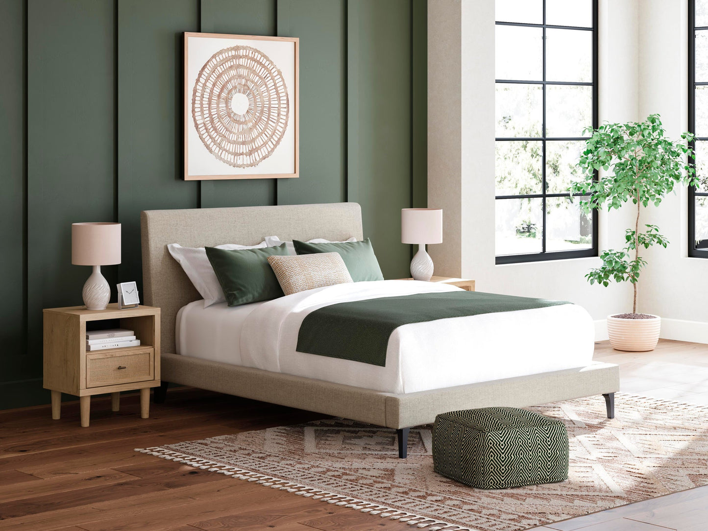 Cielden Queen Upholstered Bed with Roll Slats, Dresser, Mirror and Nightstand