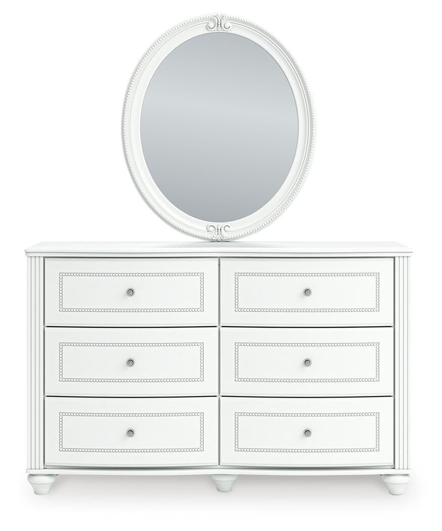 Maylilly Twin Upholstered Panel Bed, Dresser and Mirror