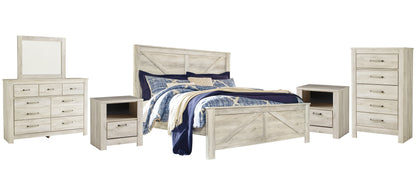 Bellaby Queen Crossbuck Panel Bed with Mirrored Dresser, Chest and 2 Nightstands