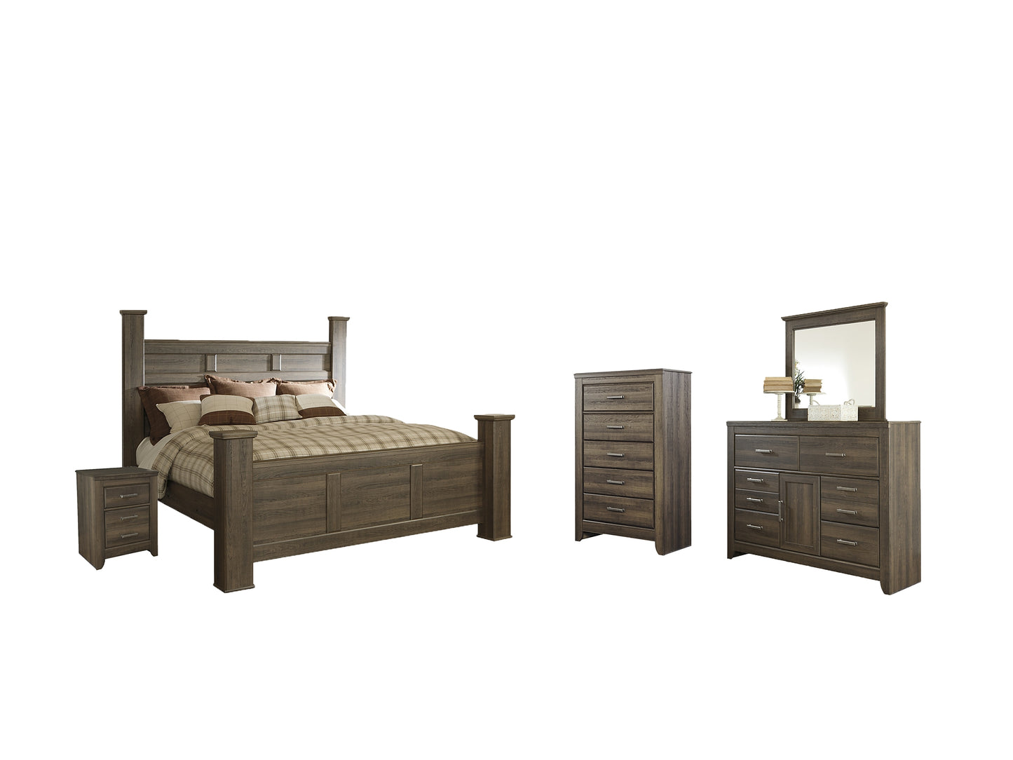 Juararo California King Poster Bed with Mirrored Dresser, Chest and Nightstand