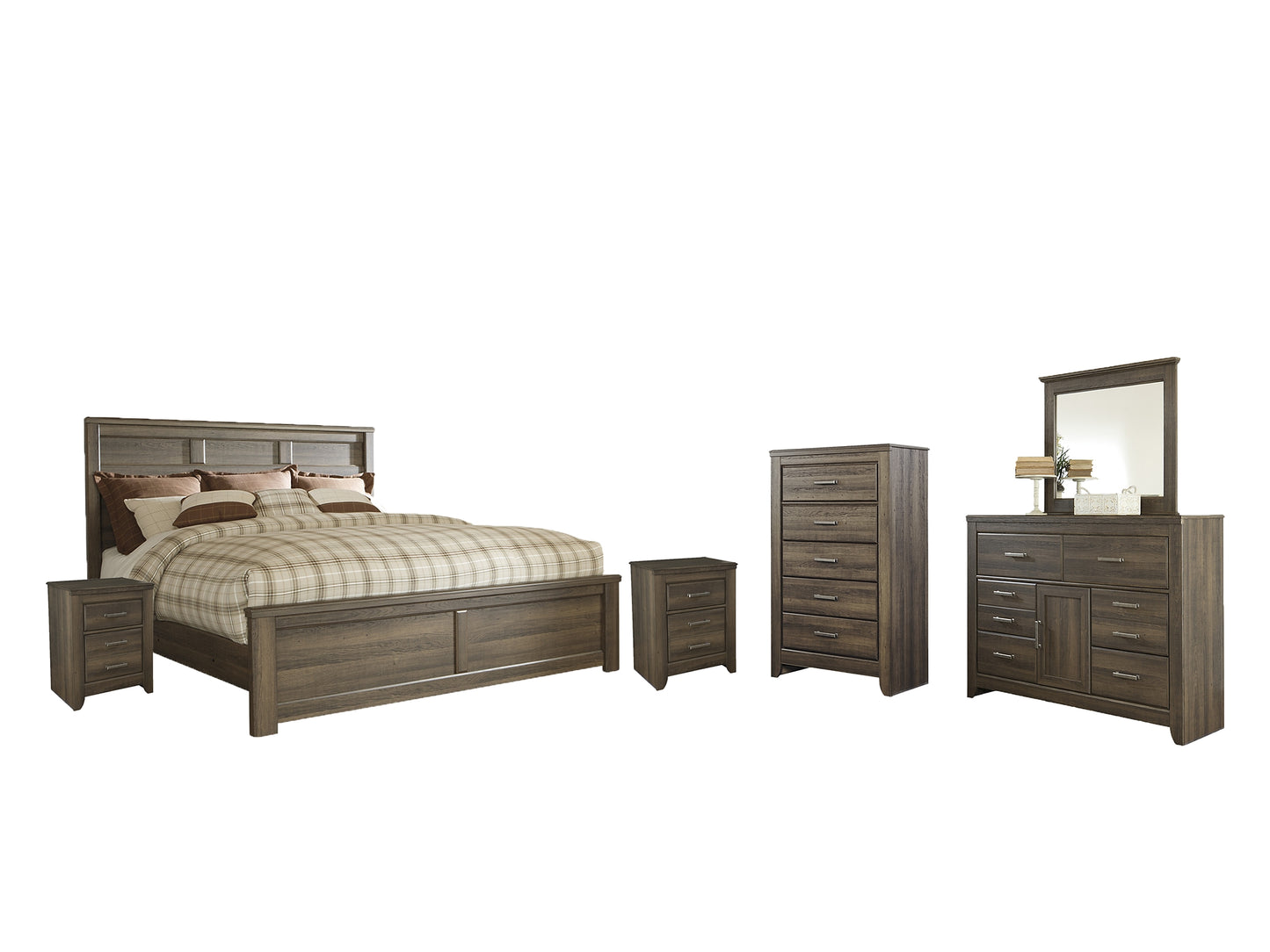 Juararo King Panel Bed with Mirrored Dresser, Chest and 2 Nightstands